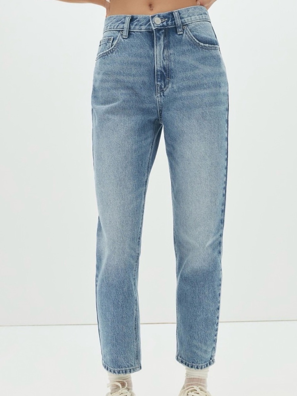 Bershka Medium Blue Distressed Mom Jeans